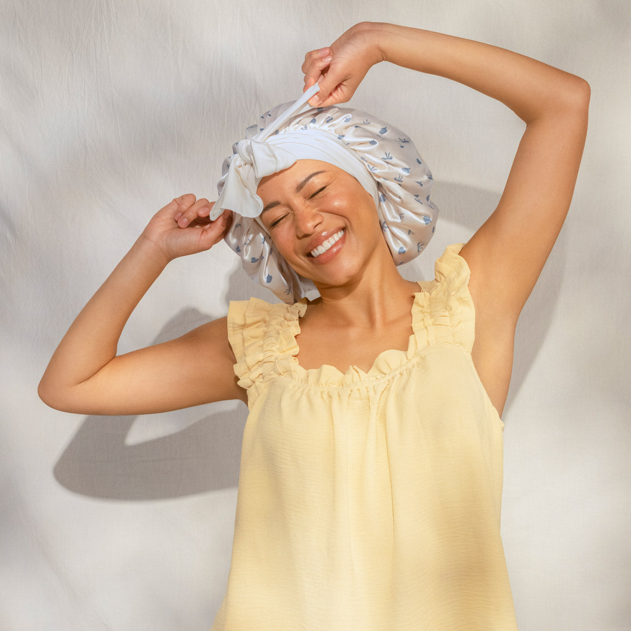 Pearlized Cream & Coastal Blue Print Oversized Satin Bonnet - Image 2