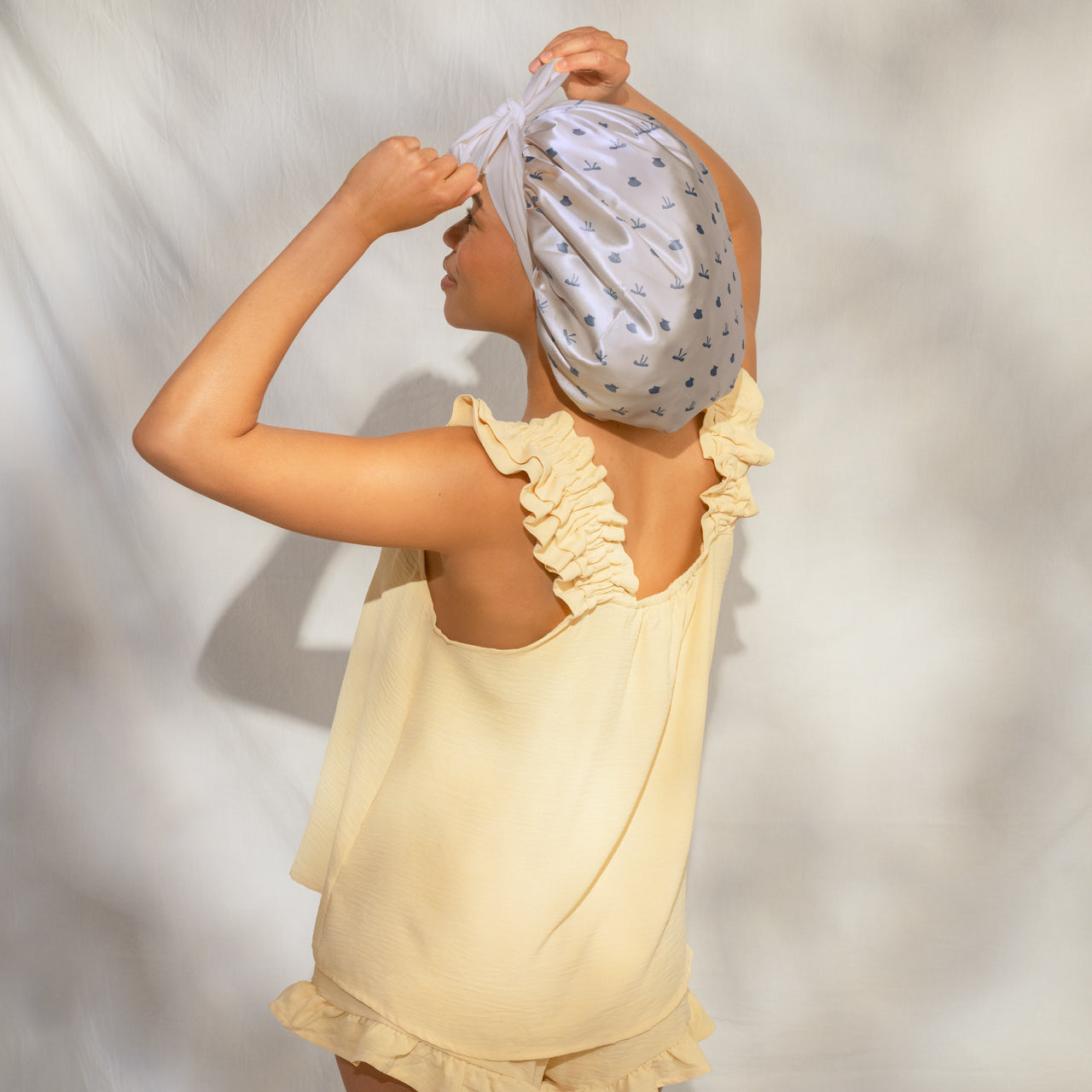 Pearlized Cream & Coastal Blue Print Oversized Satin Bonnet - Image 3