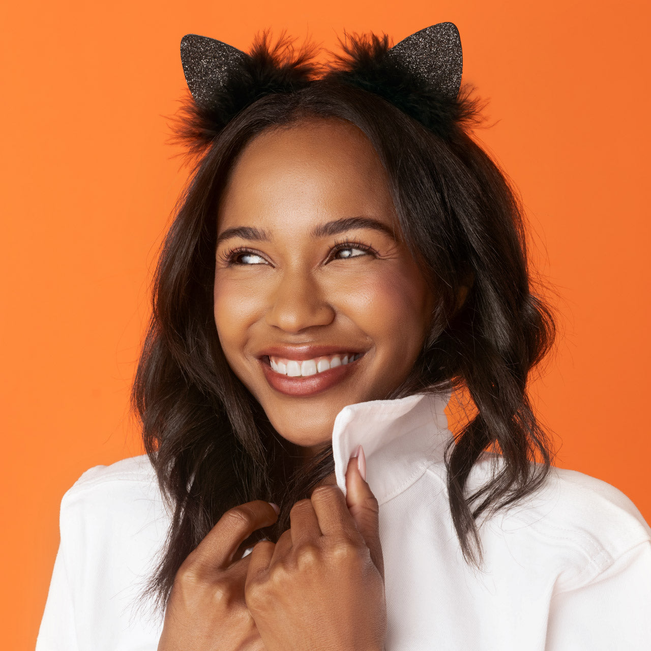 Black Glitter Satin Cat Ears Headband - Image 3