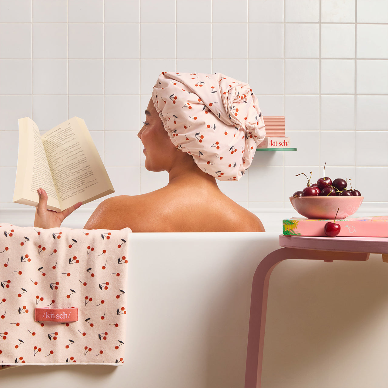 Cherry Print Satin Shower Cap - Image 4
